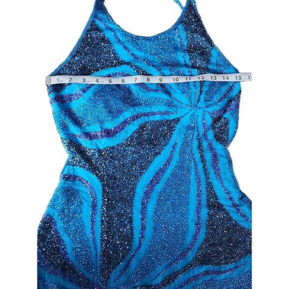 Cache Vintage Beaded Silk Blue Open Back Gown Maxi Dress High Slits Size Large - Picture 7 of 13